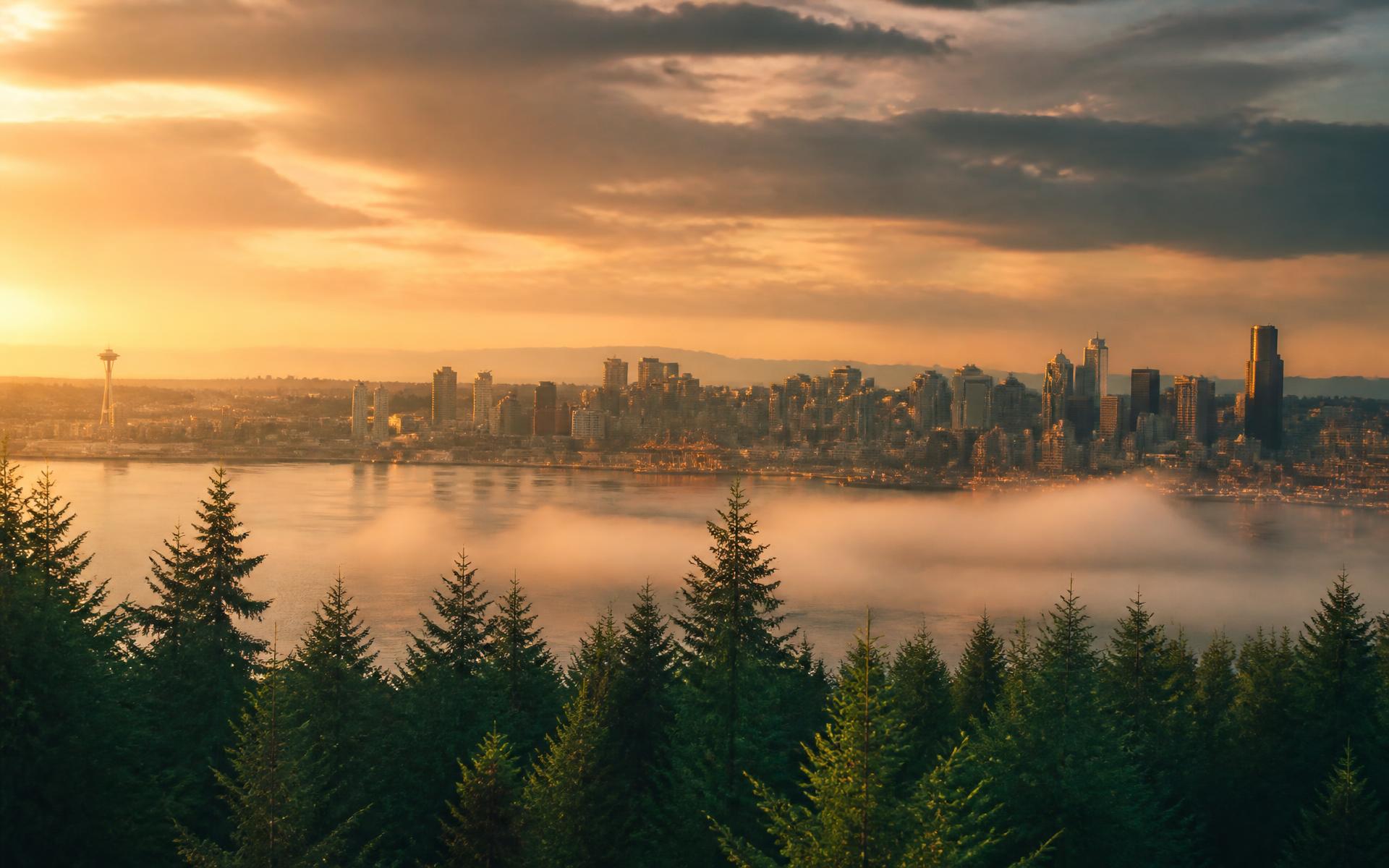 Pacific Northwest skyline framed by evergreen forest