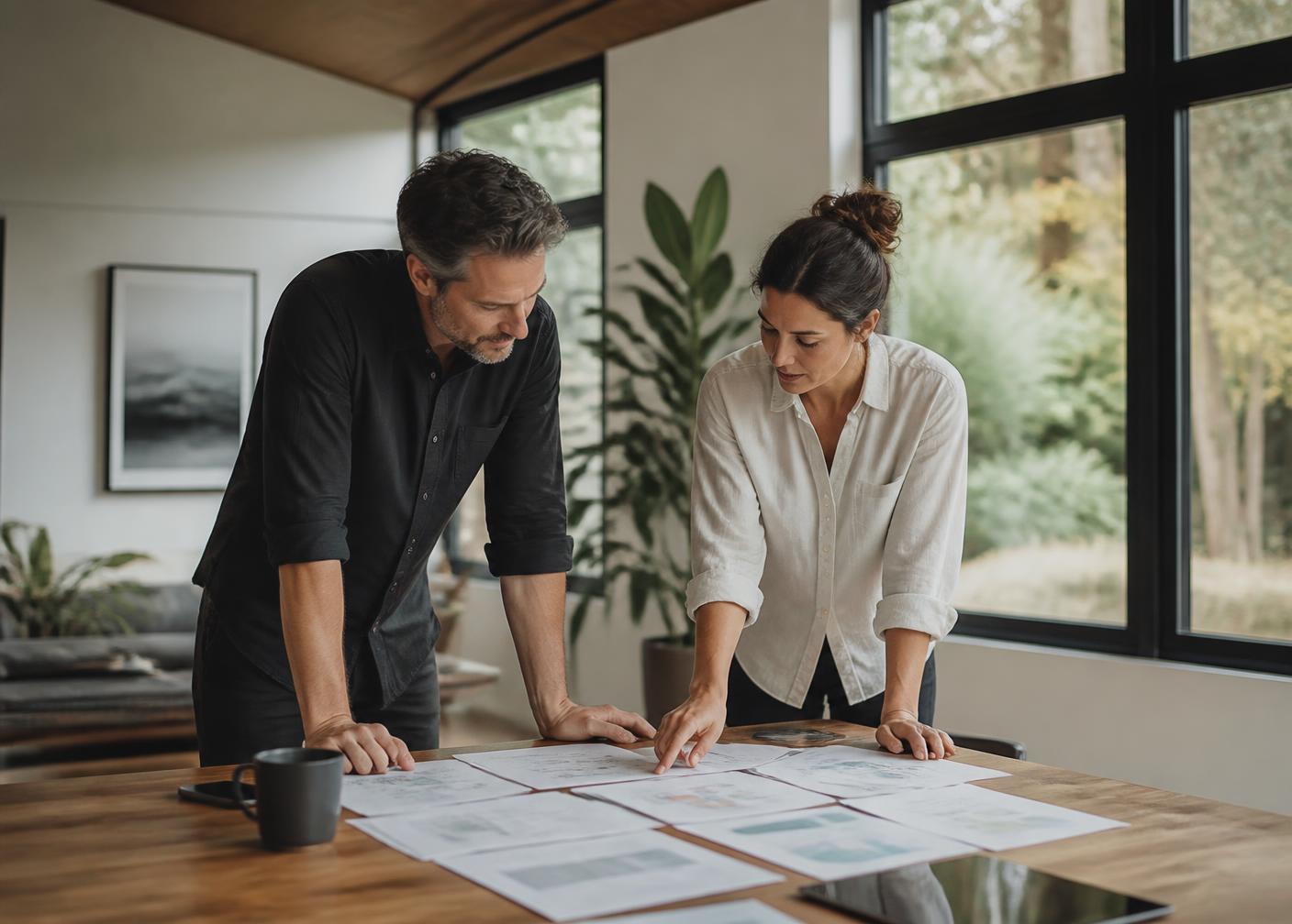 Business owners reviewing marketing strategy materials